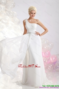 White One Shoulder Beach Wedding Dresses with Ruching and Beading