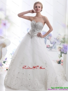 White Sweetheart Rhinestones Wedding Dresses with Brush Train