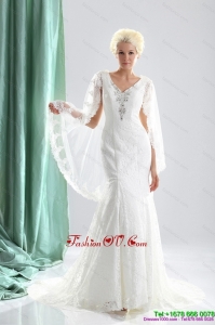 2015 Luxurious V Neck Wedding Dress with Lace and Appliques