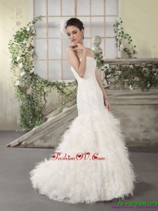 2015 New Style Strapless Beach Wedding Dress with Lace and Feather