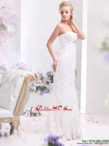 White Sweetheart Beading and Lace Wedding Dresses with Brush Train