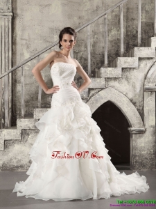 2015 High End White Strapless Bridal Gowns with Brush Train and Ruffles