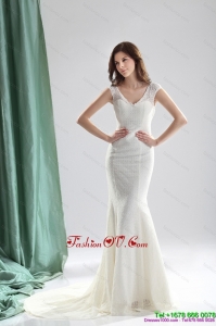 2015 High End White Wedding Dresses with Lace and Brush Train