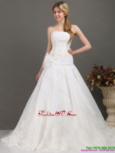 High End Beaded White Wedding Dresses with Brush Train and Hand Made Flower