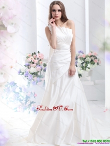 High End Pleated One Shoulder White Wedding Dresses with Brush Train
