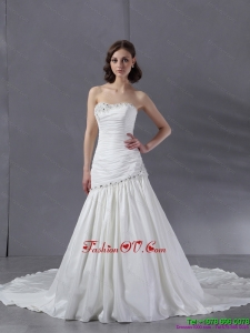 High End Ruched Beaded White Wedding Dresses with Chapel Train