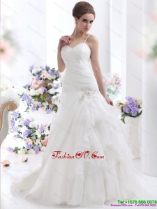 High End Ruched White Wedding Dresses with Brush Train and Appliques