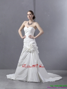 High End Ruffled Sweetheart Ruched White Wedding Dresses with Brush Train