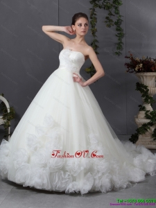 High End Ruffled White Wedding Dresses with Chapel Train