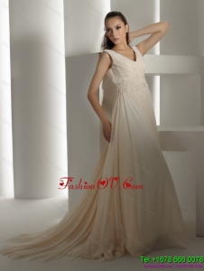 High End Ruffles and Beading White Wedding Dresses with Brush Train