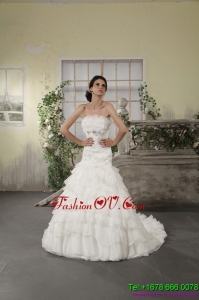 High End Strapless White Bridal Gowns with Ruffled Layers and Court Train