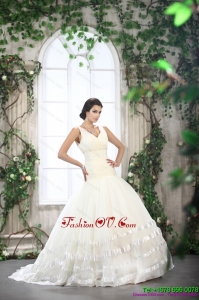 High End White Straps Ruffled Bridal Dresses with Brush Train