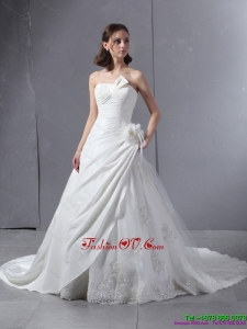 2015 High End Strapless Wedding Dress with Hand Made Flowers and Ruching