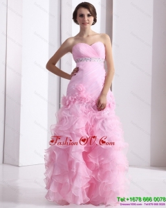 Baby Pink Sweetheart Ruching Wedding Dresses with Ruffles and Beading