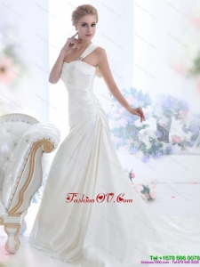 High End 2015 One Shoulder Wedding Dresses with Ruching and Bowknot
