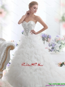 High End Beading Sweetheart White Bridal Gown with Ruffles and Brush Train