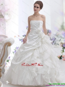High End White Strapless Ruffles Bridal Gowns with Chapel Train and Hand Made Flower