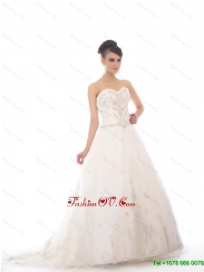 High End White Sweetheart Chapel Train Bridal Gowns with Beading and Appliques