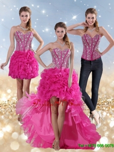 2015 Hot Pink High Low Detachable Prom Skirts with Beading and Ruffled Layers