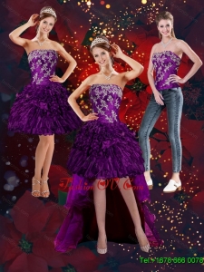 2015 Detachable Purple Strapless Prom Skirts with Embroidery and Ruffles