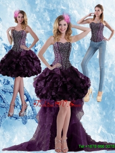 Detachable High Low Dark Purple Prom Skirts with Ruffled Layers and Beading