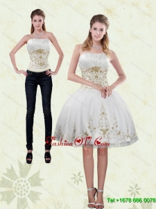2015 Detachable Strapless Knee Length White Prom Skirts with Appliques