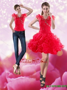 Detachable 2015 Knee Length Red Prom Skirts with Beading and Ruffles