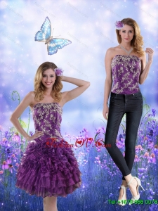 Detachable 2015 Strapless Purple Prom Skirts with Appliques and Ruffles