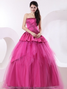 A-line Hot Pink Quinceanera Dress With Beading and Peplums