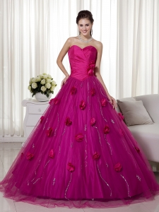 Fuchsia Sweetheart Dress for Duinceaneras Sequins Flowers