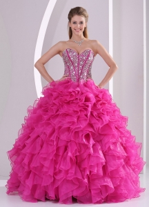 Sweetheart Crystal Hot Pink Quinceanera Gowns Ruffled