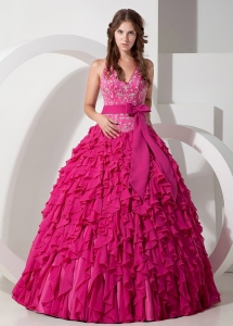 Halter Quinceanera Dress Hot Pink with Ruffles and Sash Bowknot