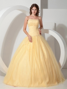 Dropped Waist Quinceanera Dress Light Yellow with Beading