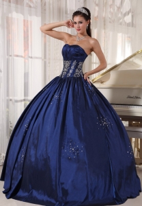 Puffy Navy Ball Gown Dress for Quinceanera Beads Embroidery