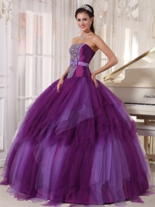 Two-toned Purple Tulle Beaded Quinceanera Dress Bowknot Sash