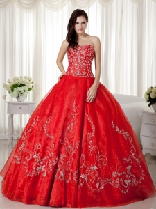 Red Ball Gown Organza Floral Embroidery Quinceanera Dress