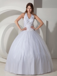 Tailor Made Halter Beading Puffy White Dresses for Quinceanera