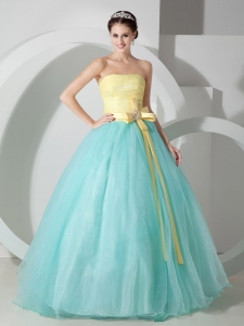 Aqua Blue Yellow Strapless Organza Sash Quinceanera Dress
