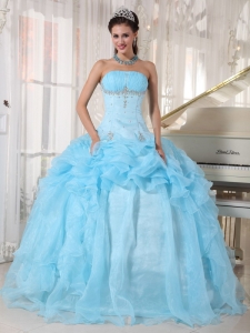 Baby Blue Strapless Floor-length Organza Beading Quinceanera Dress