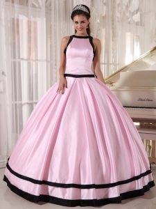 Baby Pink and Black Ball Gown Bateau Floor-length Satin