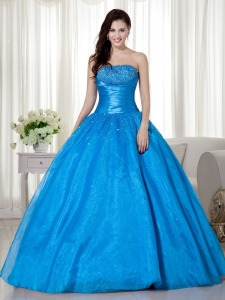 Blue Ball Gown Strapless Taffeta Beading Quinceanera Dress