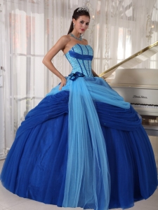 Blue Ball Gown Strapless Tulle Beading Quinceanera Dress