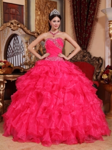 Coral Red Sweetheart Organza Beading Quinceanera Dress