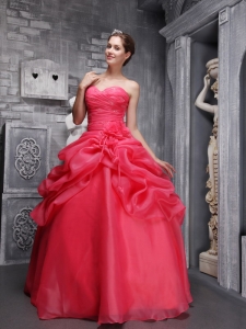 Coral Red Sweethrart Organza Beading Ruch Quinceanera Dress