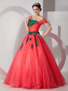 Off The Shoulder Coral Red Dress for Quince Green Appliques