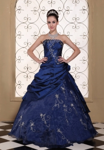 Quinceanera Dress Embroidery Strapless Navy Blue Gown