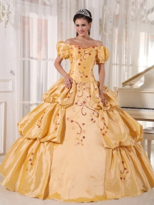 Gold Quinceanera Dress Off The Shoulder Taffeta Embroidery