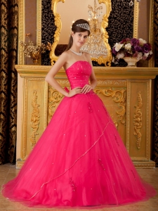 Hot Pink Princess Strapless Tulle Appliques Quinceanera Dress