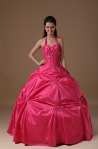 Pink Halter Floor-length Taffeta Beading Quinceanera Dress