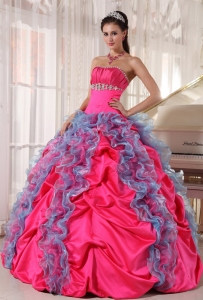 Hot Pink Sweet 15 Dress Strapless with Blue Organza Ruffles